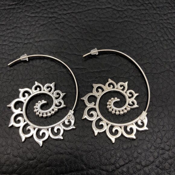 Spiral Hoop Earrings Silver Tone Fractal Curls - Picture 2 of 5